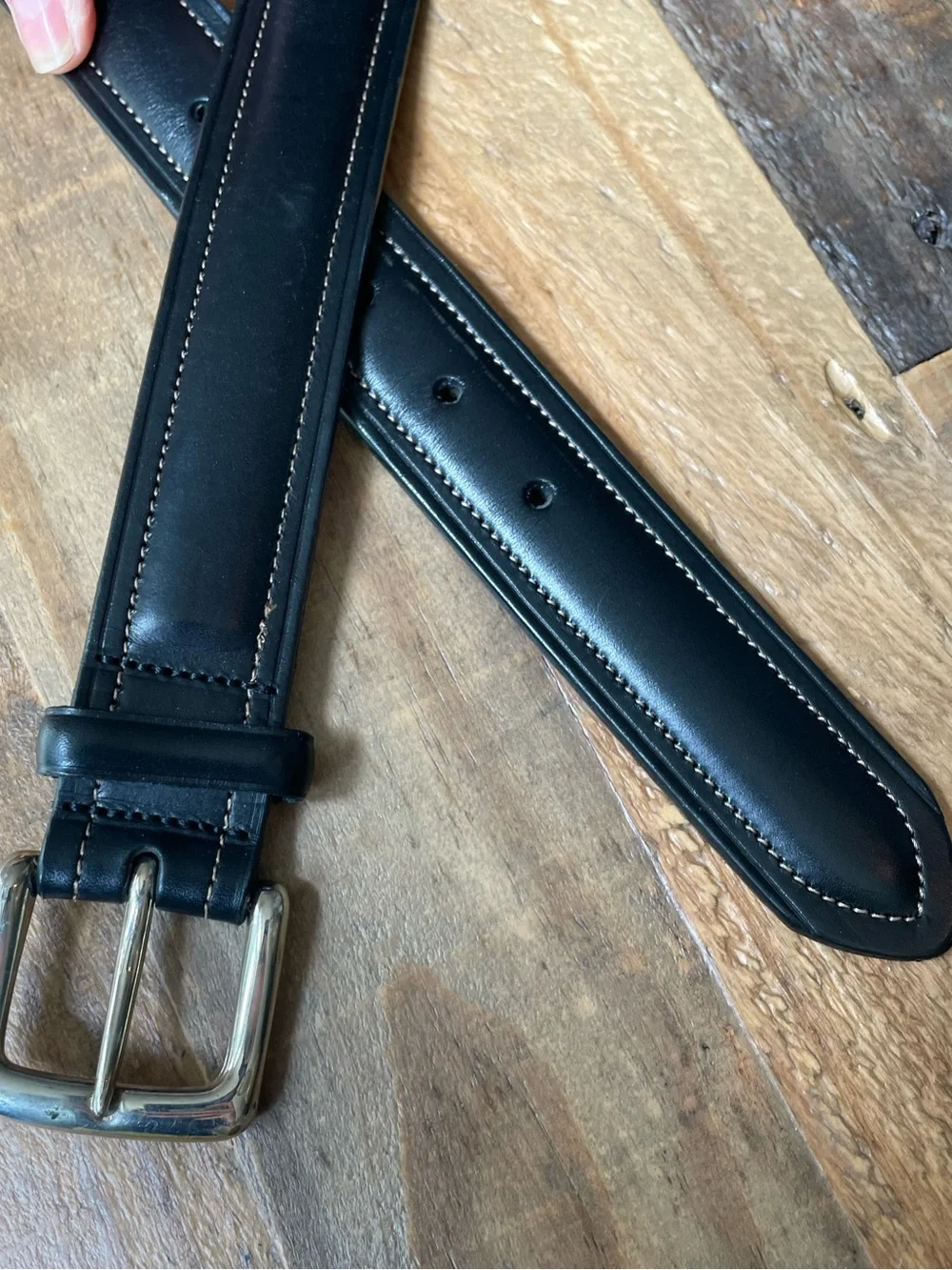 Polo Ralph Lauren Belt Black Italian Leather Solid Brass Buckle Stitch Mens 40